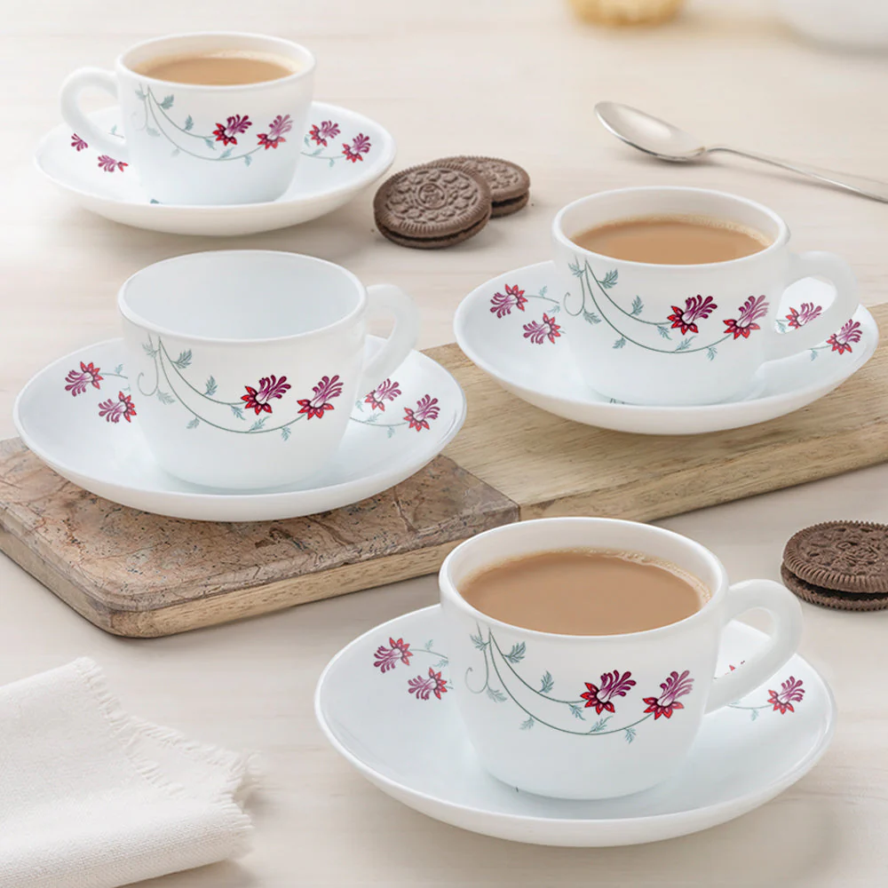 Larah by Borosil Flower Pot Cup n Saucer Set, 140ml x 12