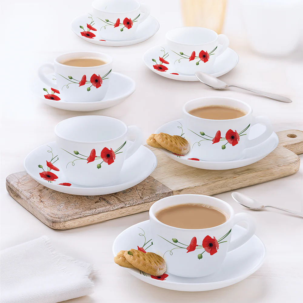 Larah by Borosil Red Carnation Cup n Saucer Set, 90ml x 12