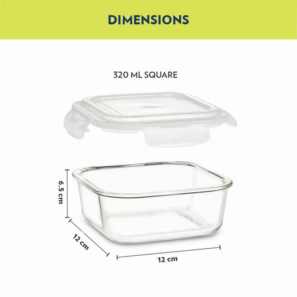 Alfa Green Glass Lunch Box, Square x 2 (Tall), Set of 2, 320ml
