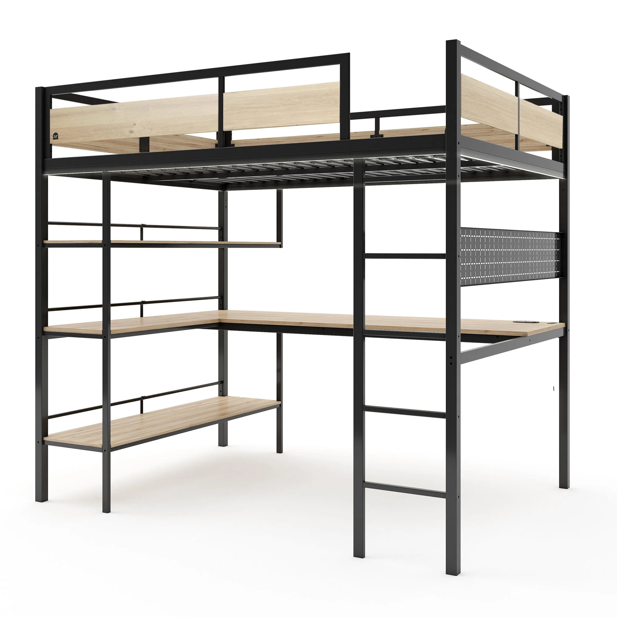 Denver LED High Sleeper Double Bunk Bed with Desk - Oak / Black RGB