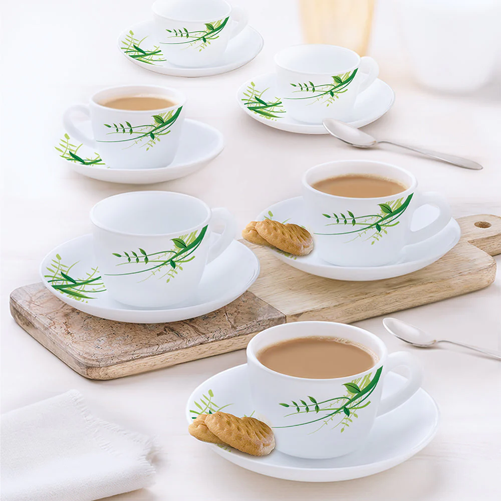 Larah by Borosil Green Herbs Cup n Saucer Set, 140ml x 12