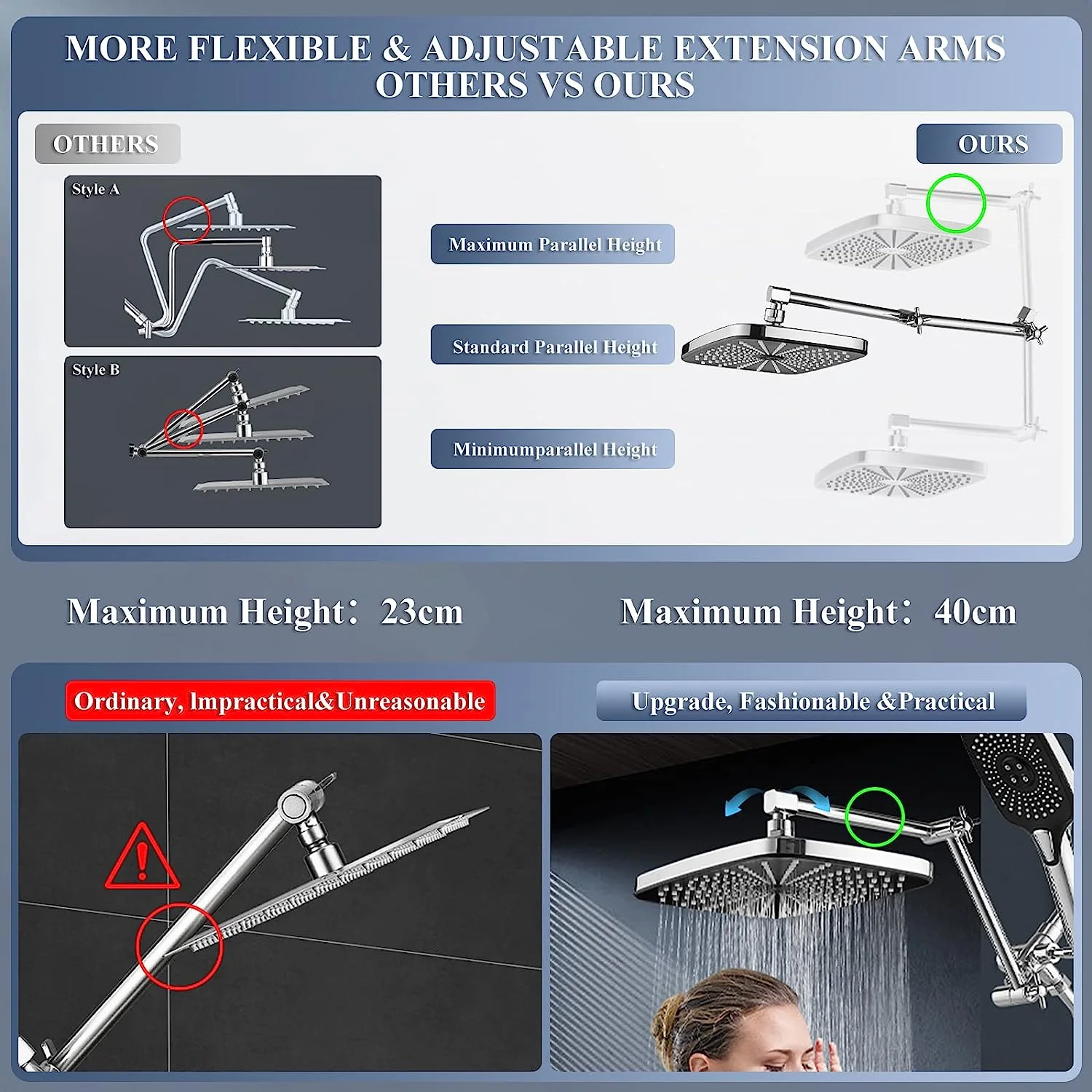12 Inch Shower Head With With 3+1 Settings Handheld Spray, Including 3-Way Diverter, Extension Arm, Height/Angle Adjustable