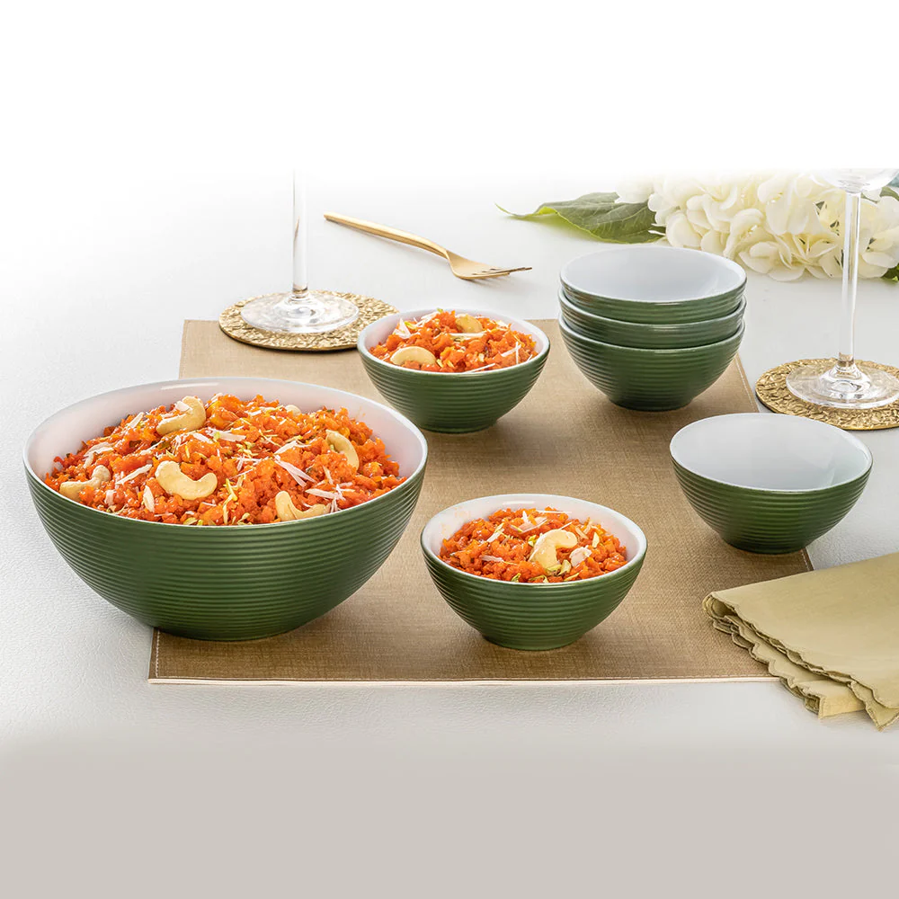 Larah by Borosil Olive Green Pudding Set, 7 pc (Mini)