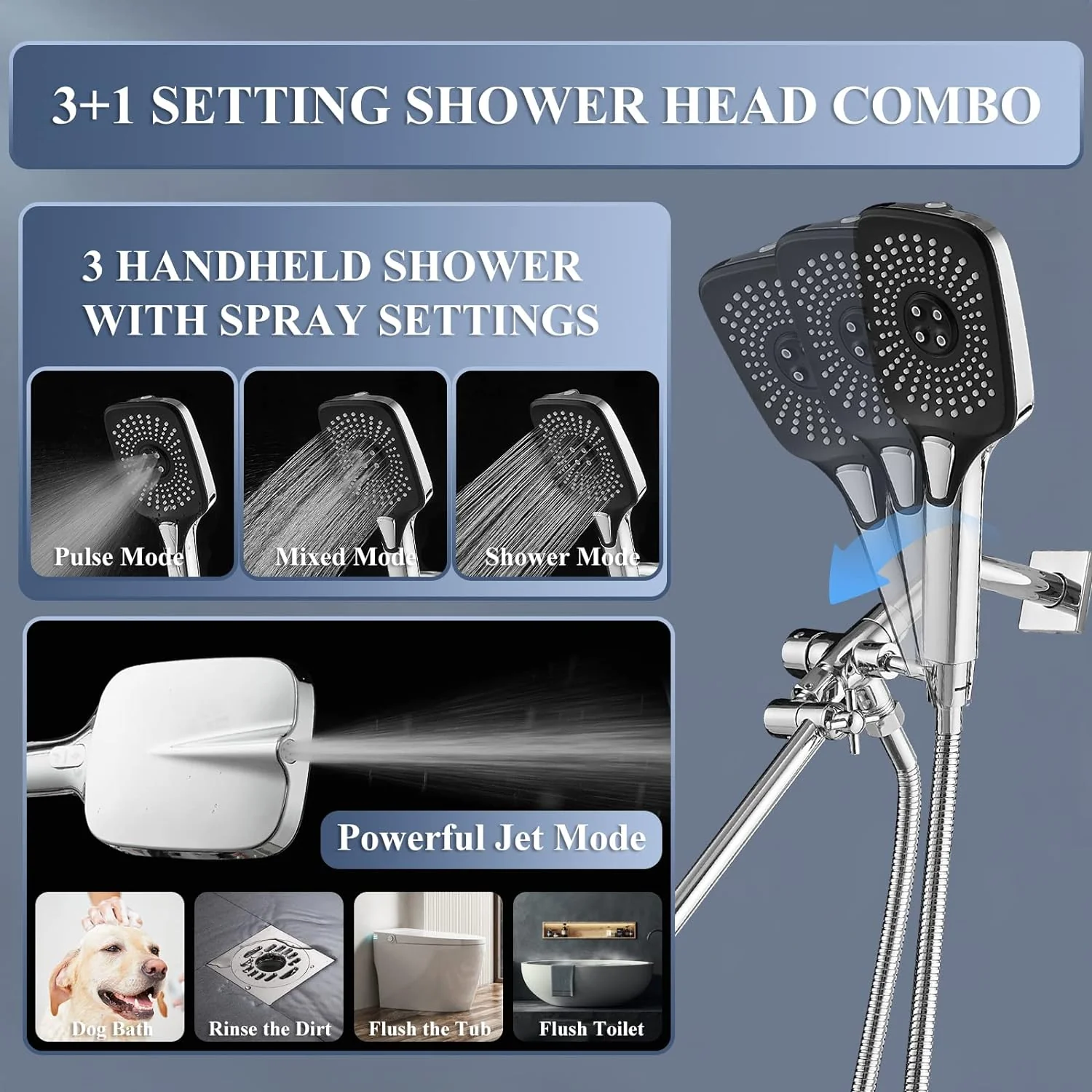 12 Inch Shower Head With With 3+1 Settings Handheld Spray, Including 3-Way Diverter, Extension Arm, Height/Angle Adjustable
