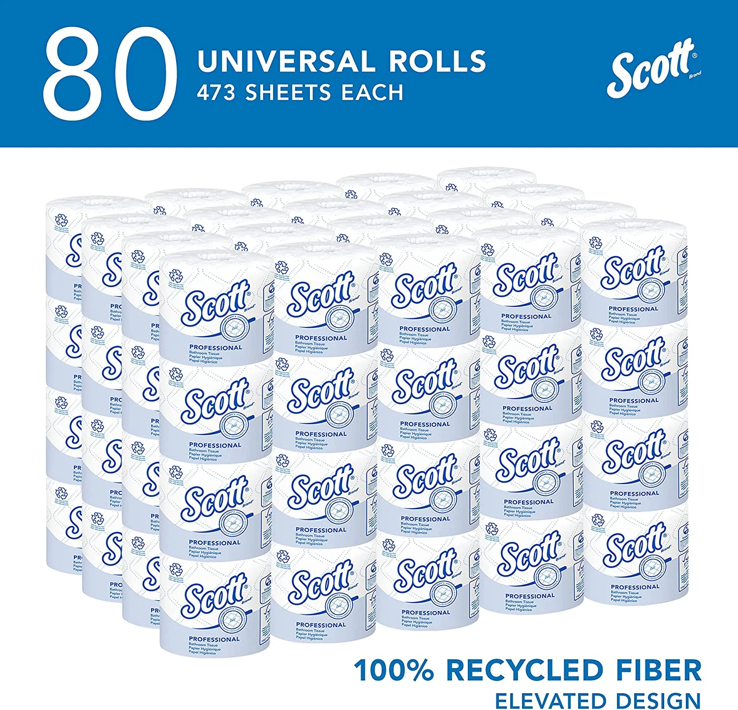 100% Recycled Fiber Standard Roll Bathroom Tissue, 2-Ply, White, 80 Rolls / Case, 473 Sheets / Roll, 37,840 Sheets / Case