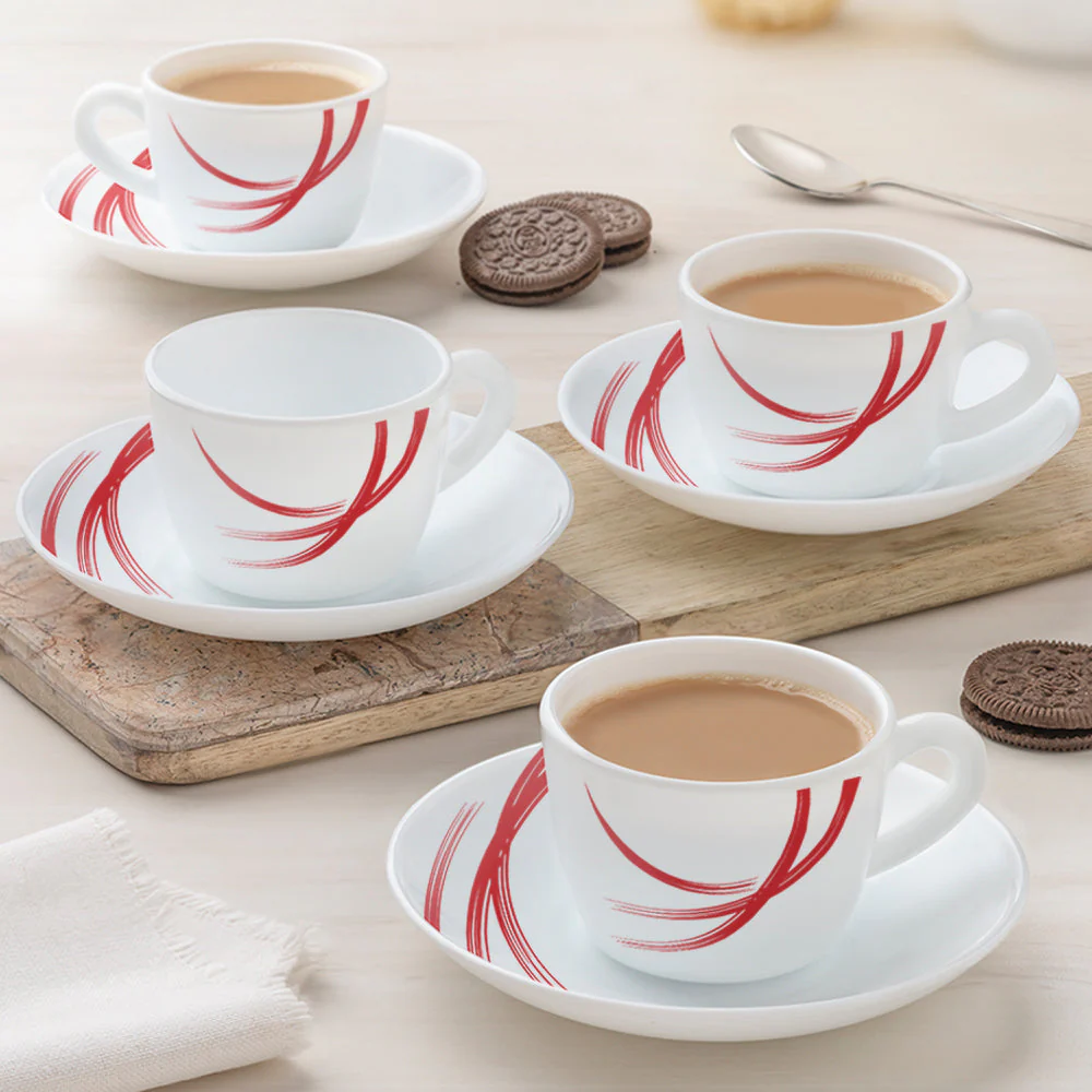 Larah by Borosil Red Stella Cup n Saucer Set, 140ml x 12