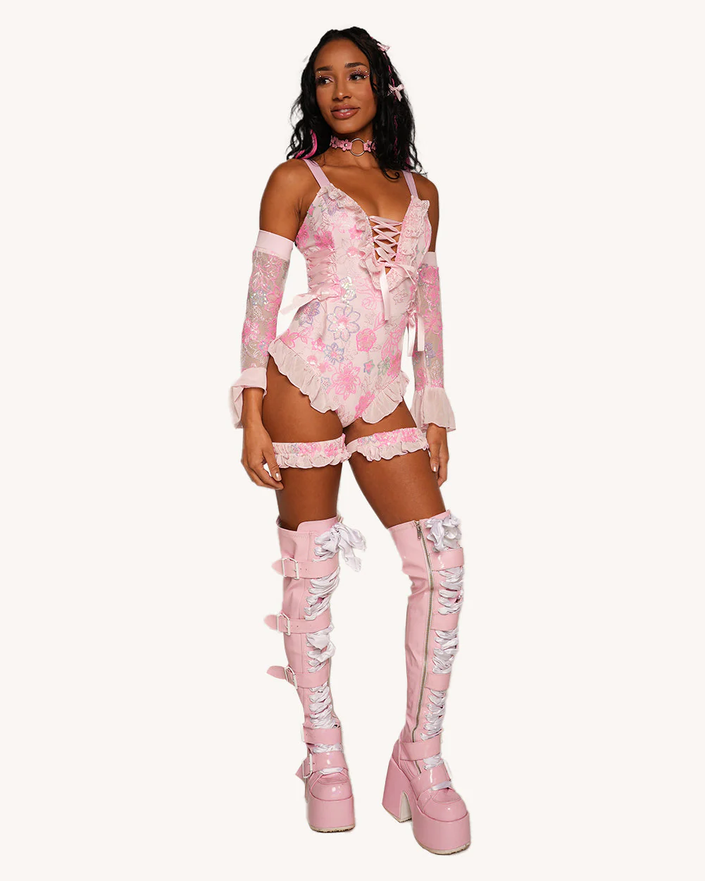 Magical Twinkling Bodysuit with Sleeves and Garter