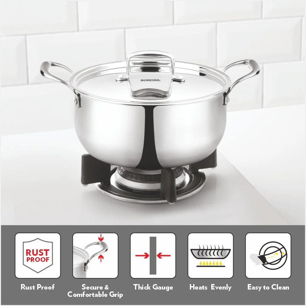 Borosil Cookfresh Triply Casserole (Steel Handle + Lid), 3.6L