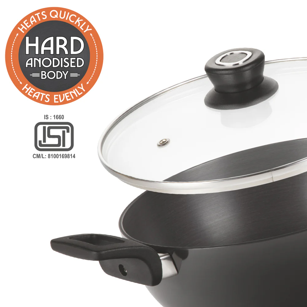 Hard Anodized Induction Base Deep Kadhai W Glass Lid, 28 cm / 5L