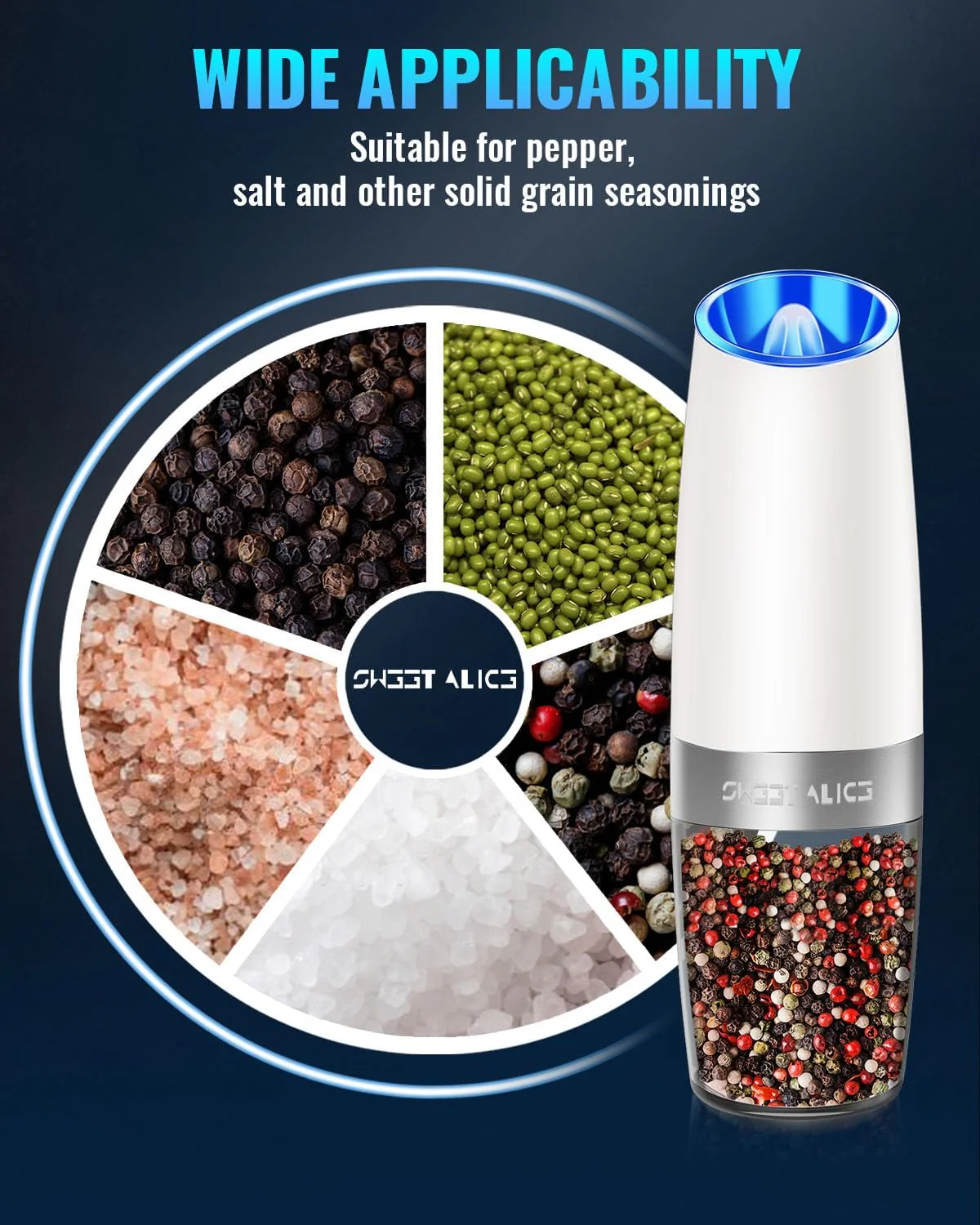 Electric Salt & Pepper Grinder Set, Adjustable Coarseness, LED, One-Hand Use, Stainless Steel 2-Pack