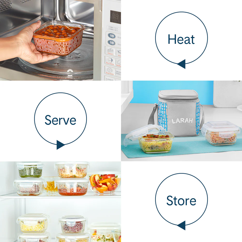 Larah Vogue Glass Lunchbox, Square x 2 (Tall), 320ml x 2