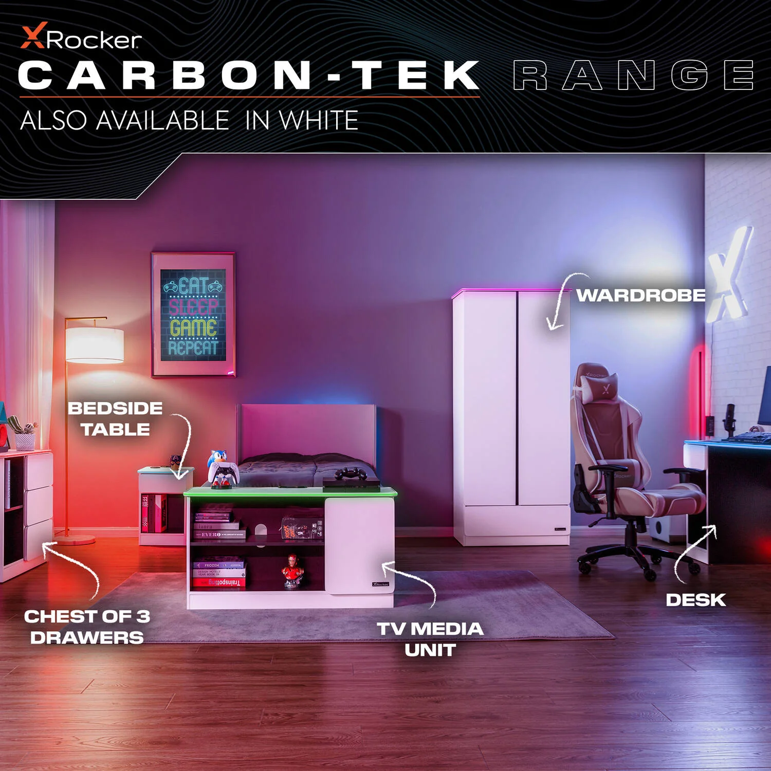 Carbon-Tek LED 2-Door Wardrobe with Drawer - Grey / Red RGB