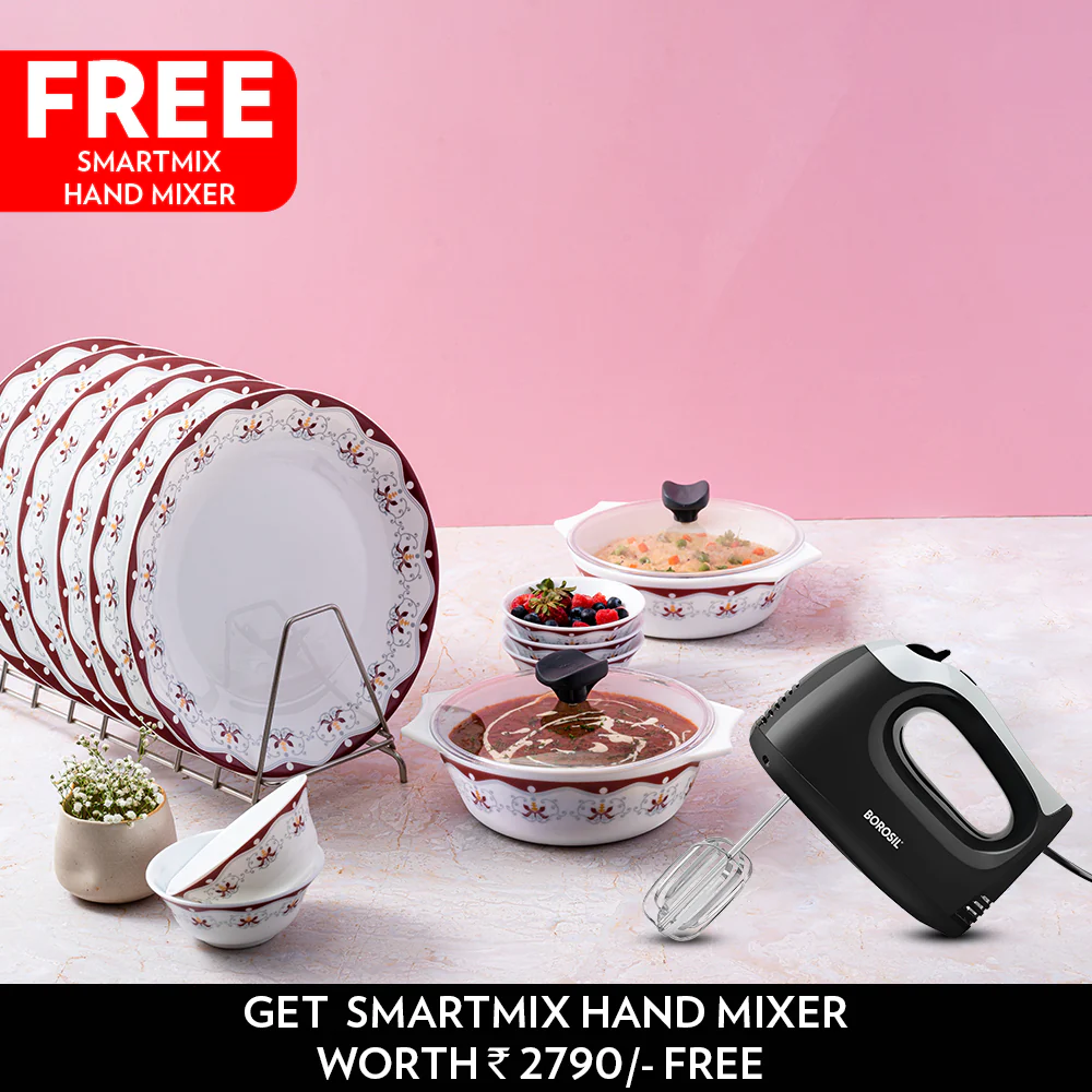 Larah by Borosil Home Chef Set-Buy Royal Brown 16 pc Dinner Set & Get Smartmix Hand Mixer Free worth ₹ 2,790/-
