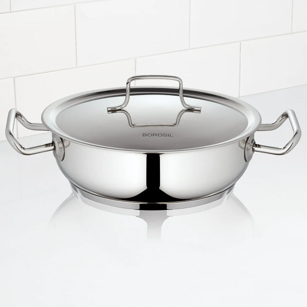 Borosil Cookfresh SS Flat Kadhai + Lid, 2.8L