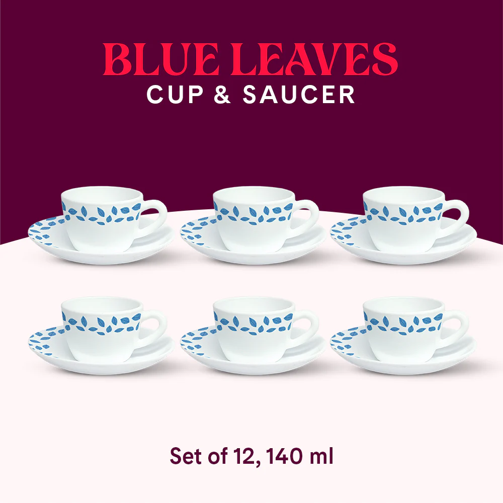 Larah by Borosil Blue Leaves Cup n Saucer Set, 140ml x 12