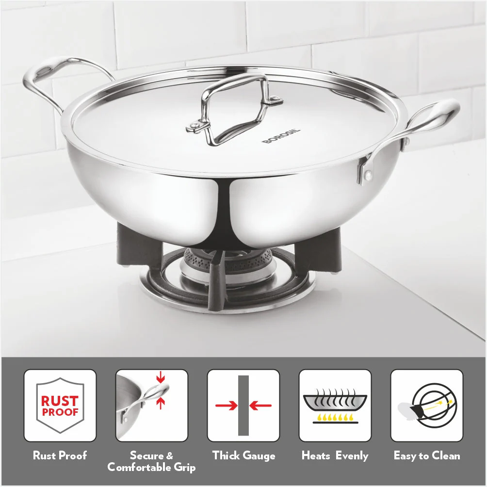 Borosil Cookfresh Triply Kadhai (SS Handle + Lid), 3.6L