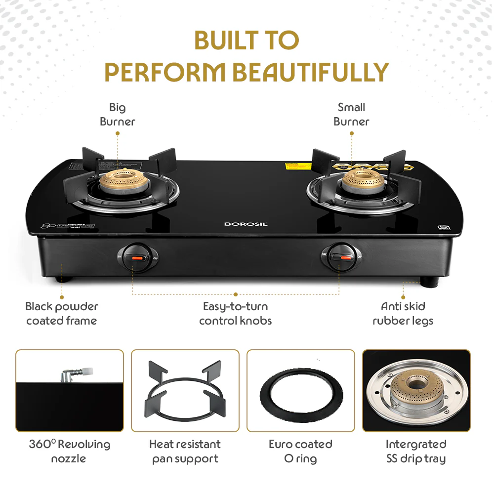 Borosil Prima Glass-top Gas stove, 2 Burners, 8 mm Toughened Glass, Brass Burners