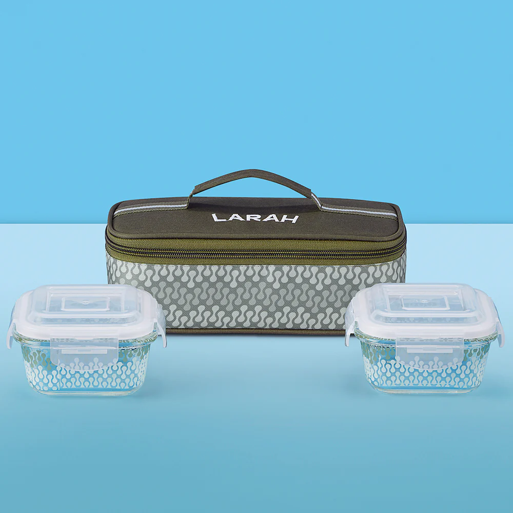 Larah Gracia Glass Lunchbox, Square x 2 (Flat), 320ml x 2