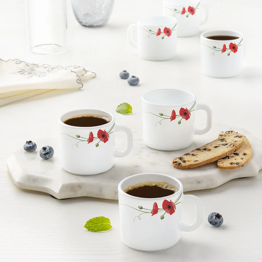 Larah by Borosil Red Carnation Mug Set, 180ml x 6