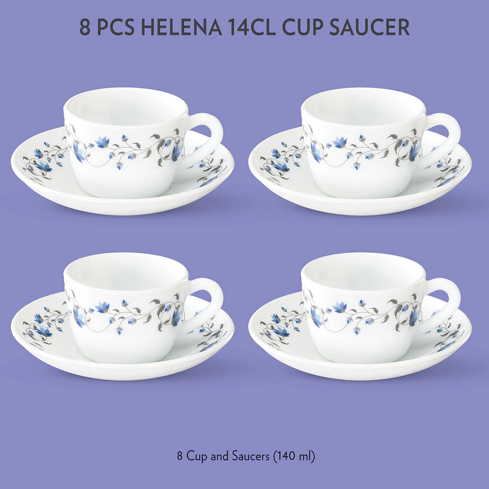 Larah by Borosil Helena Cup n Saucer Set, 140ml x 8
