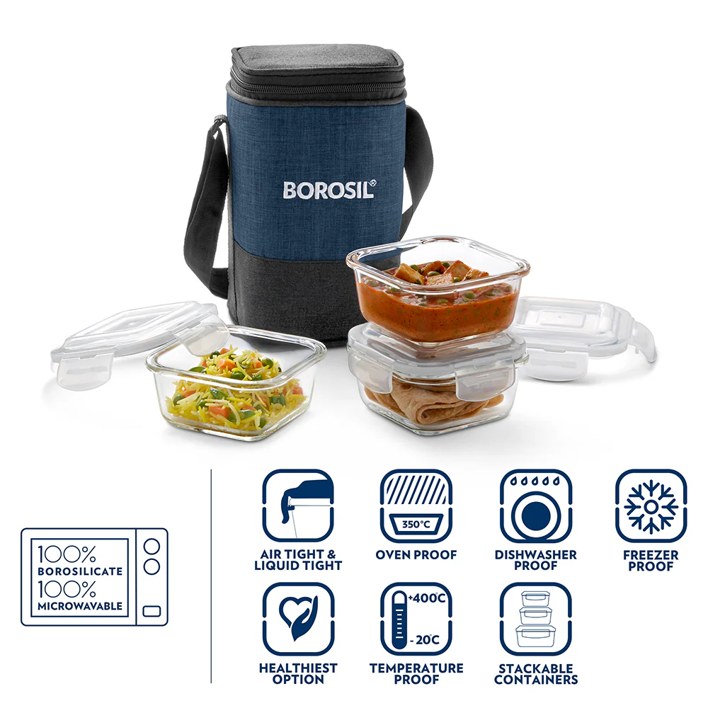 Elite Blue Grey Glass Lunch Box, Square x 3 (Tall), Set of 3, 320ml