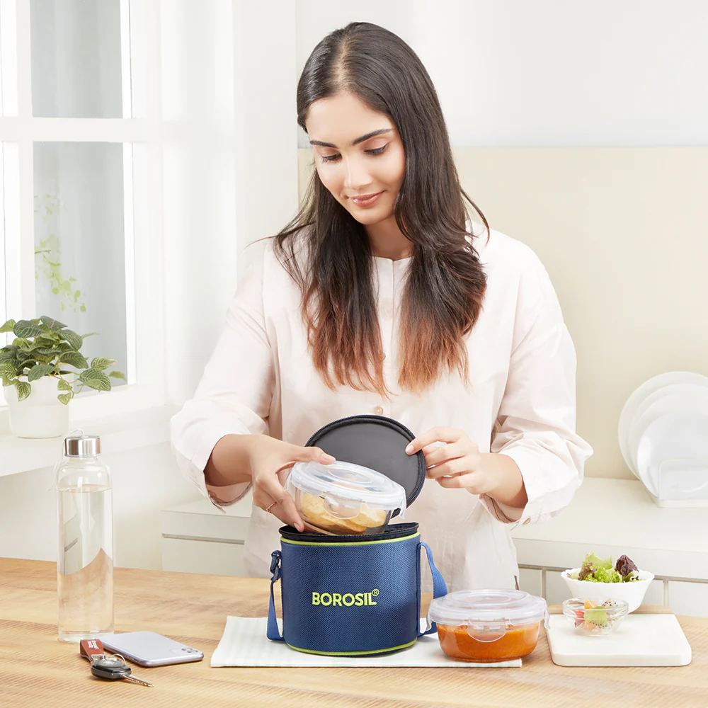 Borosil Blue Glass Lunchbox, Round x 2 (Tall), 400ml x 2