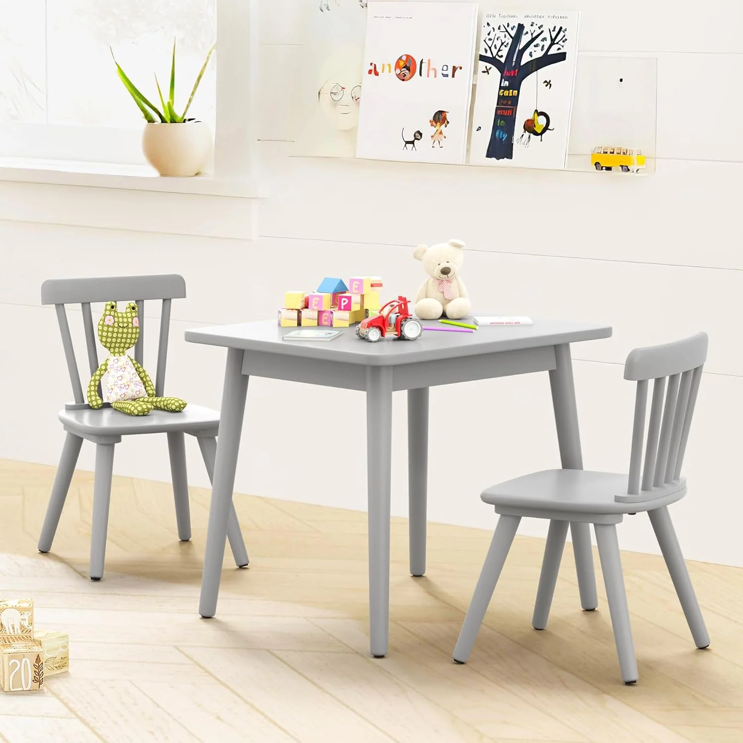 Kids Table and Chair Set - Rubberwood with Non-Slip Legs and Round Edges