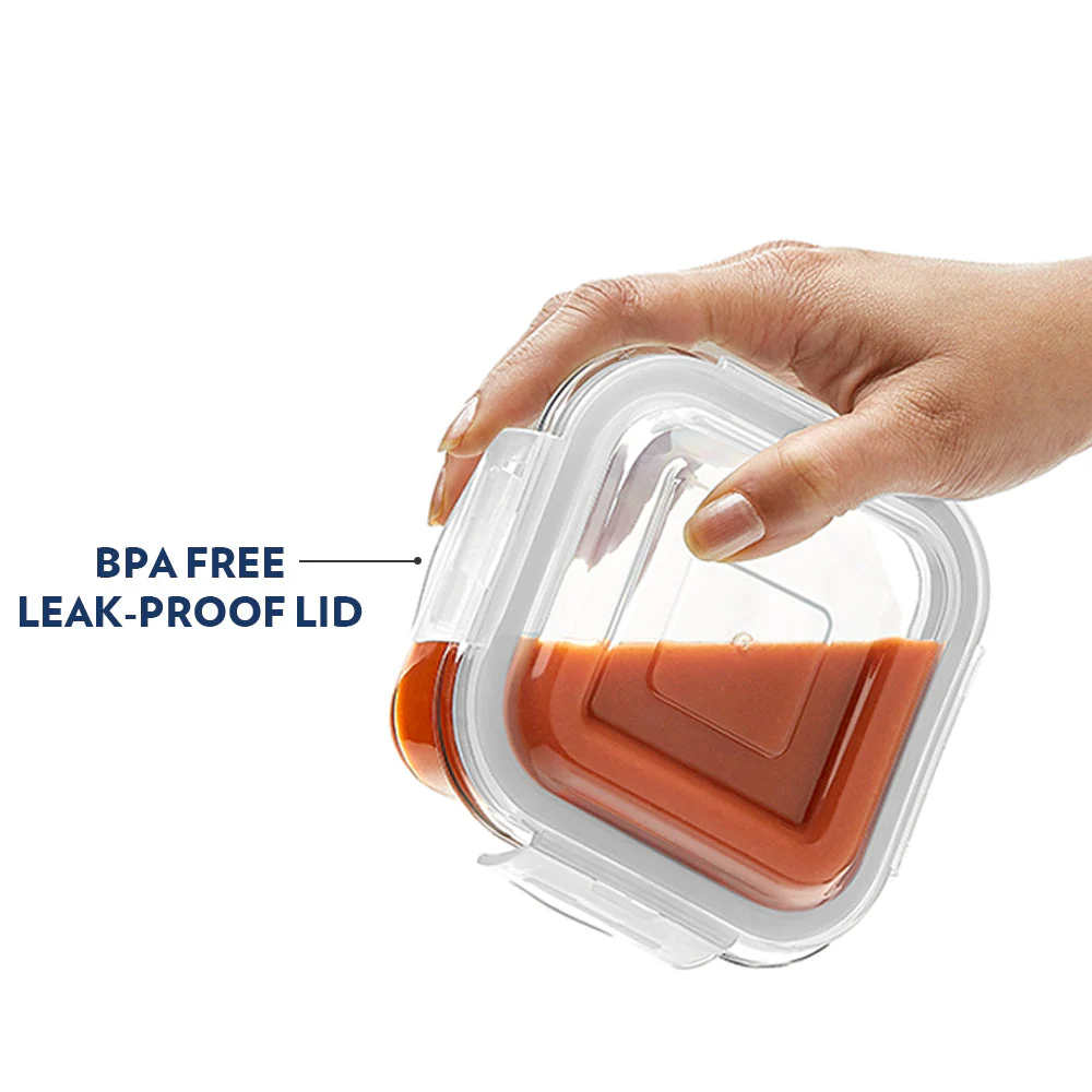 Borosil Glass Lunchbox, Square + Rectangular, 320ml x 3 (+) 120ml