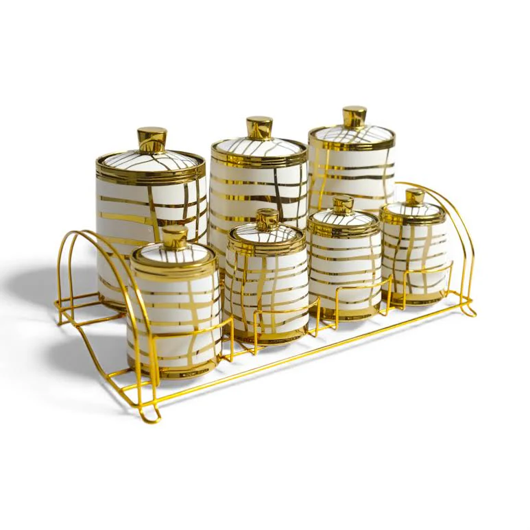 7 Piece Line Design Canister Set Gold & White