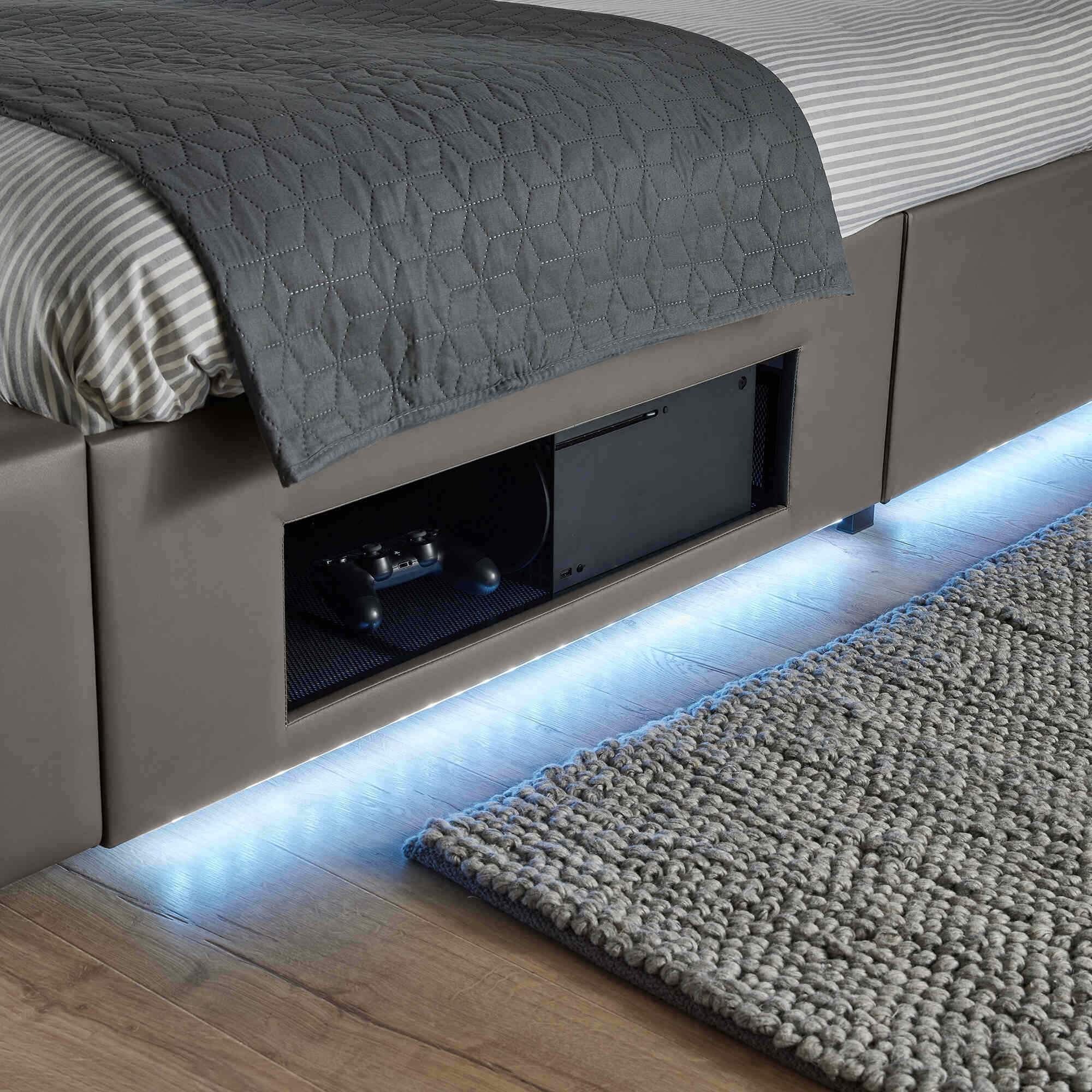 Ava Upholstered TV Bed with LED Lights - Grey (4 Sizes)