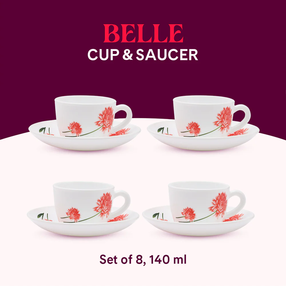Larah by Borosil Belle Cup n Saucer Set, 140ml x 8