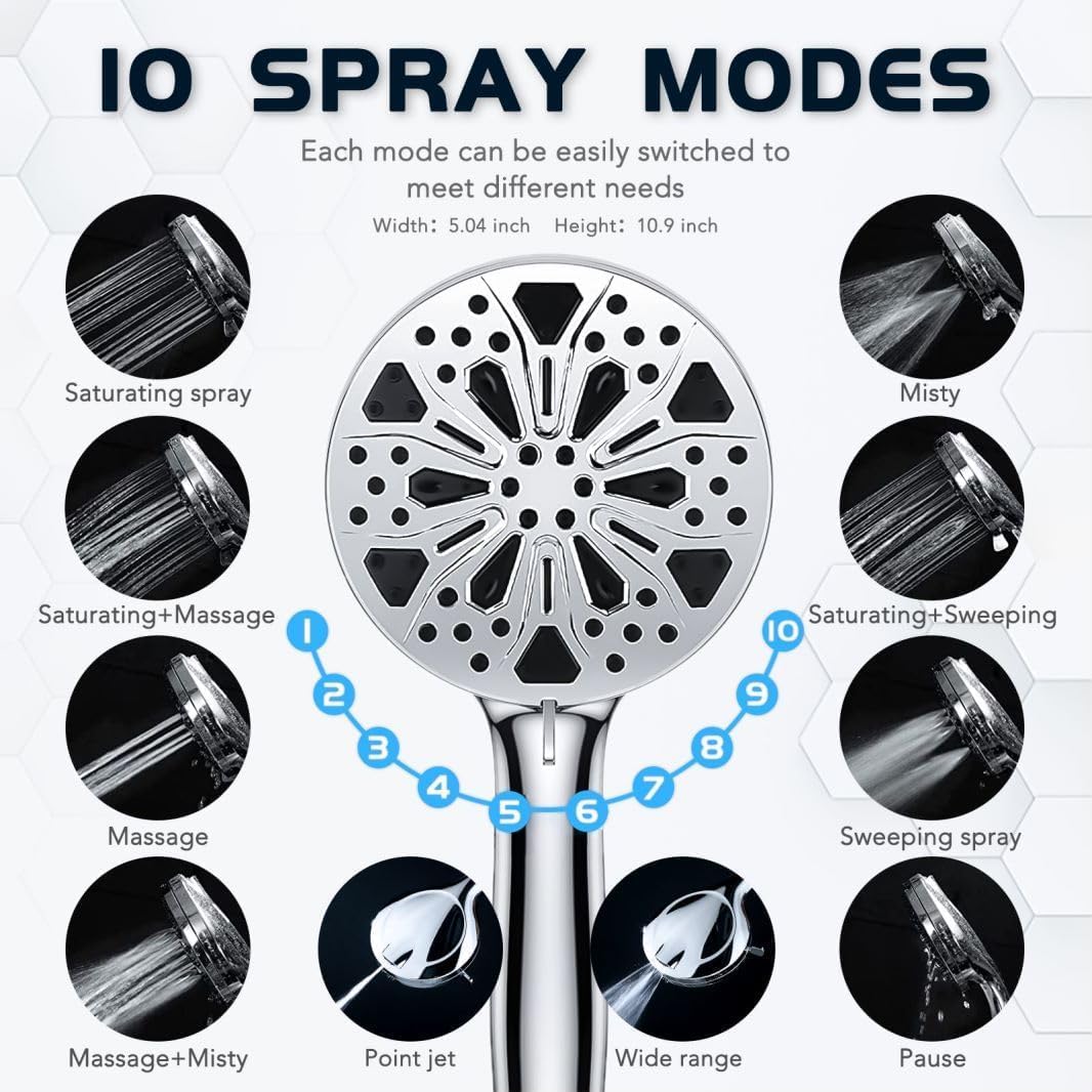 10'' Rainfall Shower Head with Handheld Combo, 8+2 Mode, 11'' Adjustable Extension Arm, 100 Self-Cleaning Nozzles