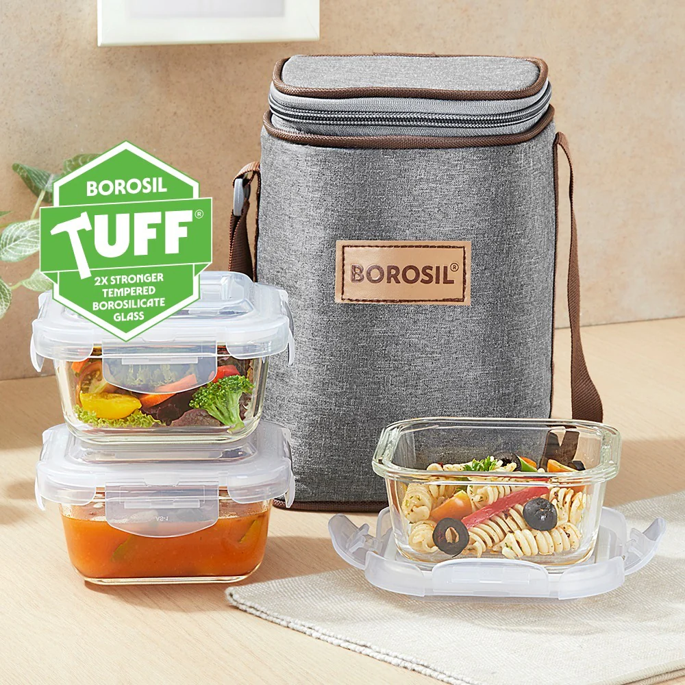 Borosil Pro Glass Lunchbox, Square x 3, 320ml x 3