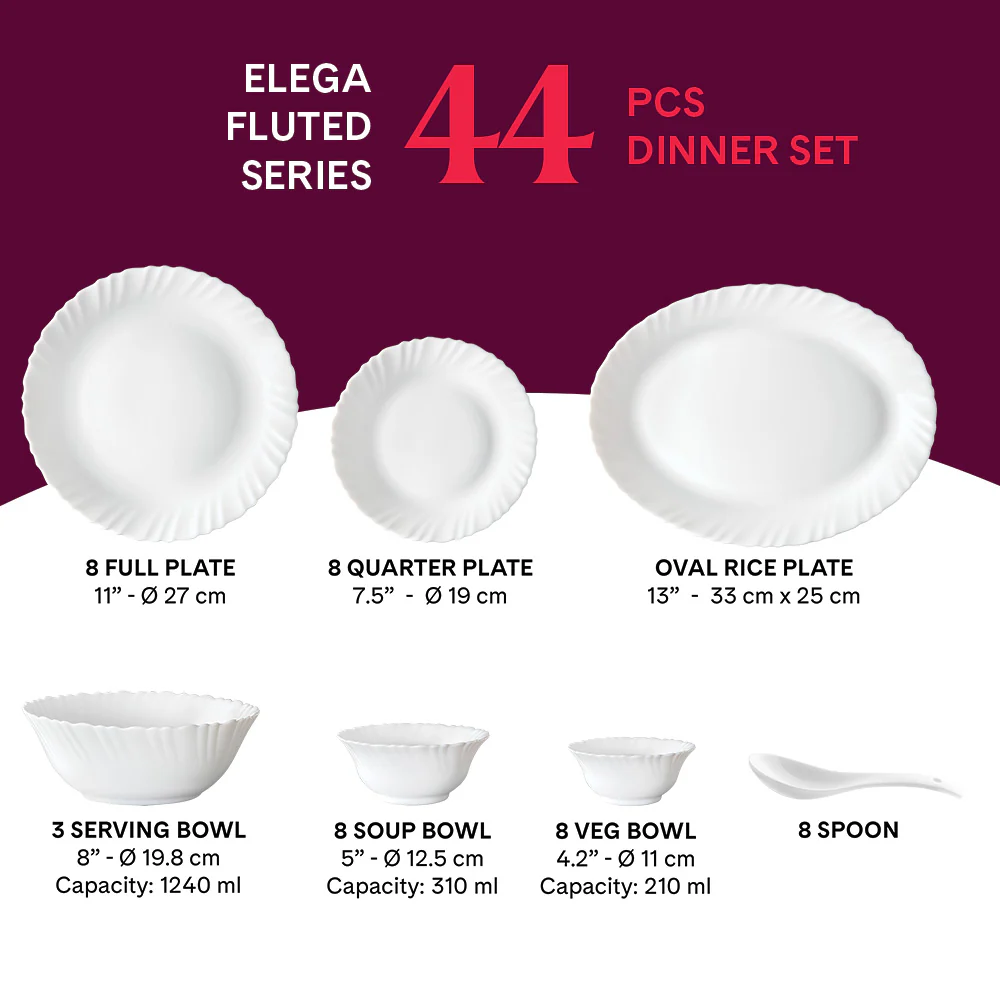 Larah by Borosil Elega Dinner Set, 44 pc