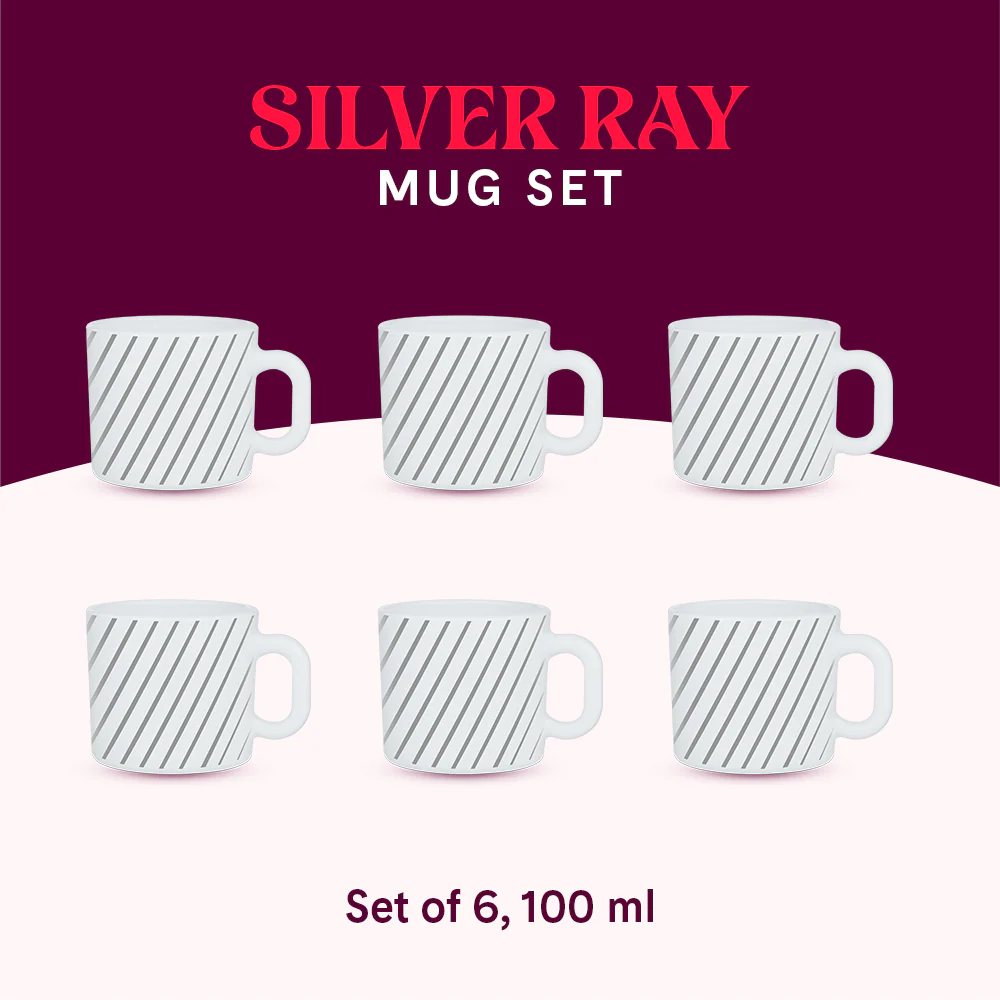 Larah by Borosil Silver Ray Mug Set, 6 x 100ml