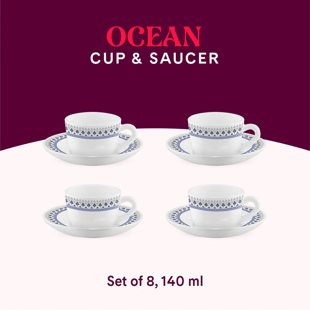 Larah by Borosil Ocean Cup n Saucers Set, 140ml x 8