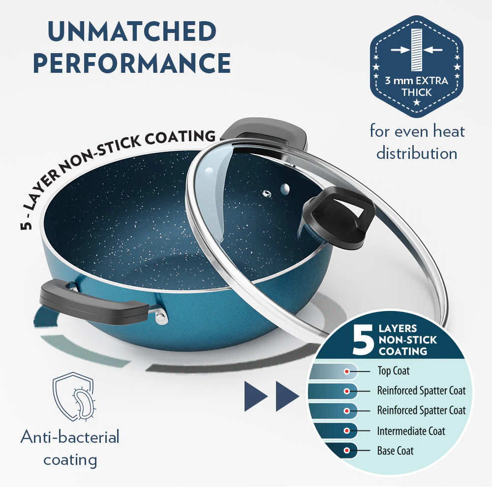 Borosil Pro Chef Non-stick Kadhai w Lid, 22 cm