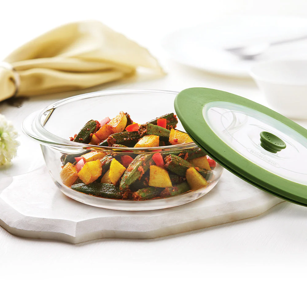 Borosil Round Dish w Green Lid, 1L