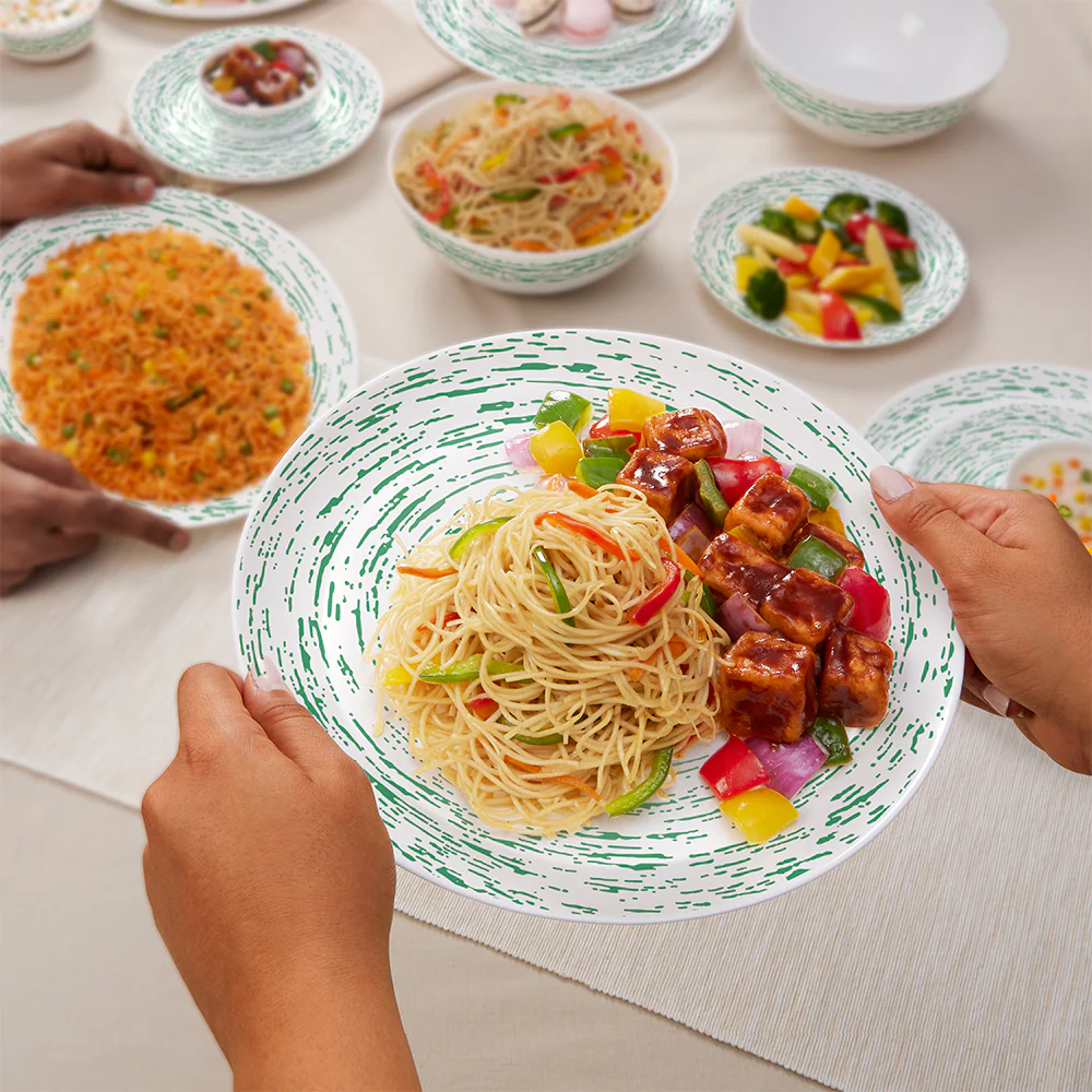 Larah by Borosil, Opalware, Microwave Safe, Green Nova Dinner Set, 27 pc