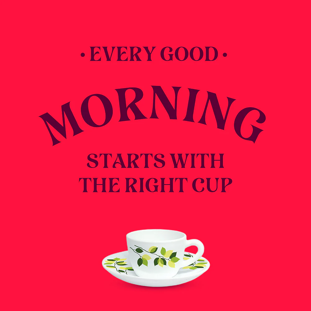 Larah By Borosil Green Leaves Cup n Saucer Set, 140ml x 12