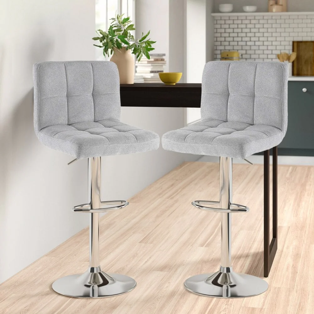 Neo Bar Stool Grey Fabric & Polished Steel Base Set of Two