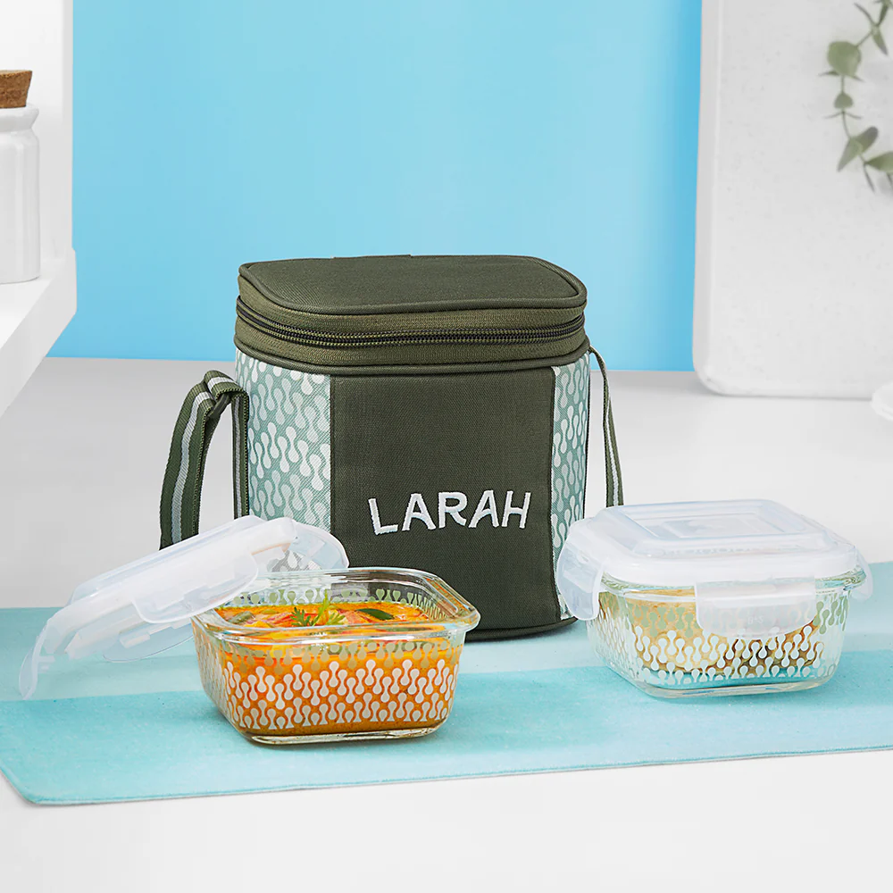 Larah Gracia Glass Lunchbox, Square x 2 (Tall), 320ml x 2