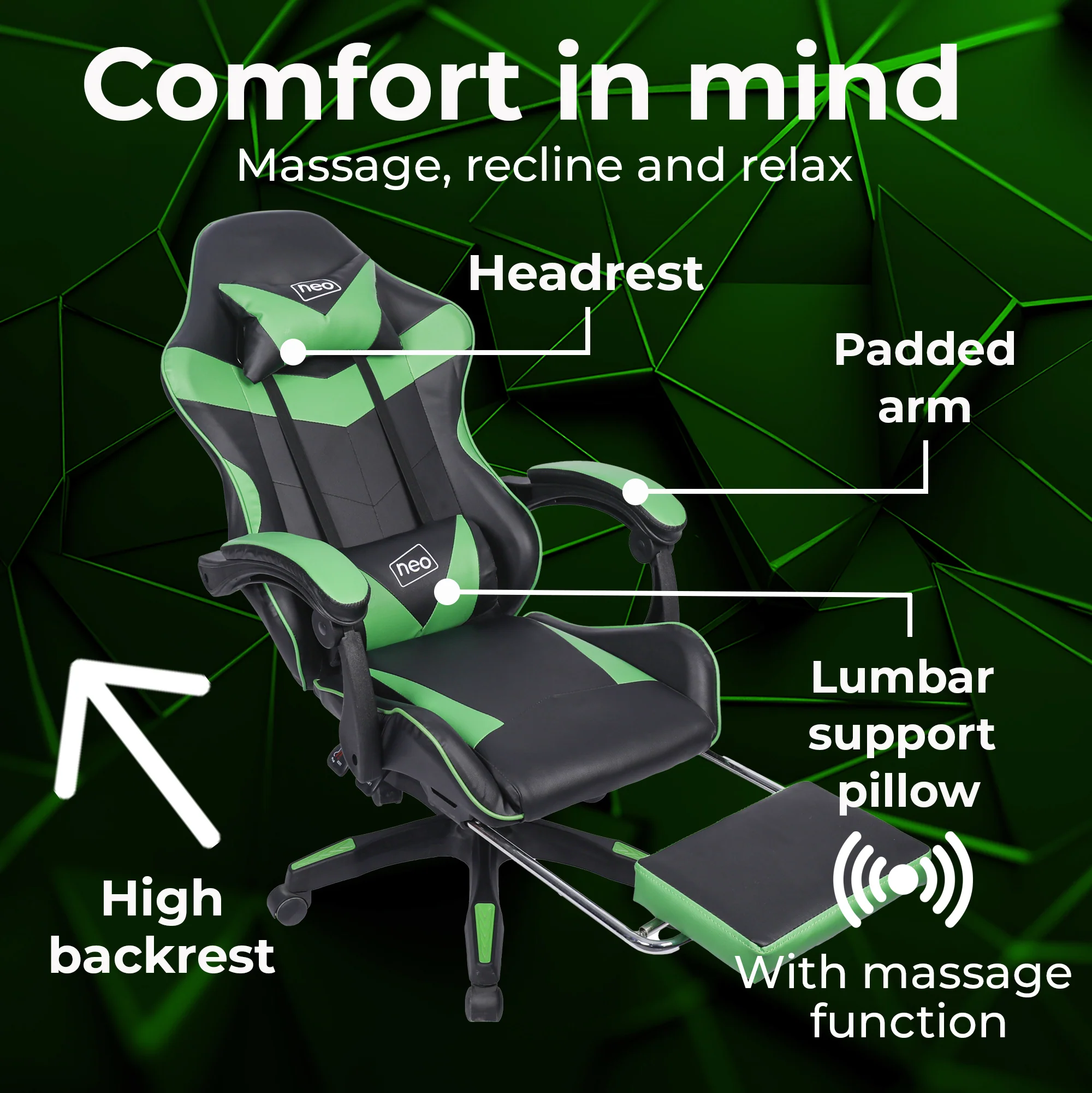 Neo Gaming Chair Green & Black Leather with Footrest