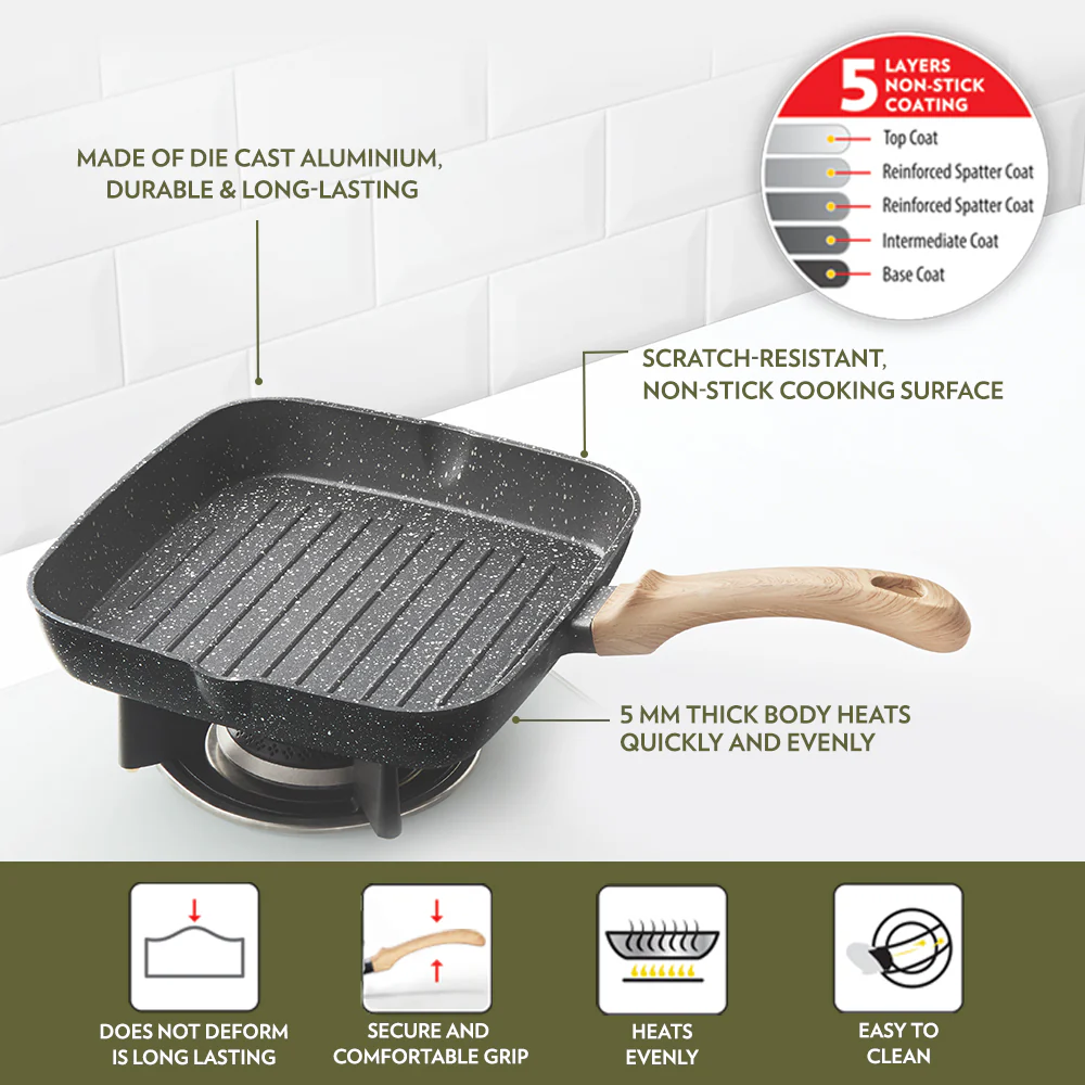 Borosil Vajra Nonstick Grill Fry Pan, Square, 24 cm