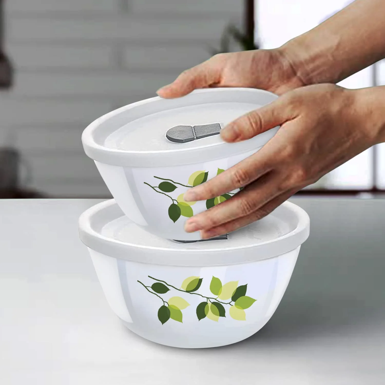 Larah by Borosil Green Leaves 4 pc Mixing Bowl, 1 L + 750 ml