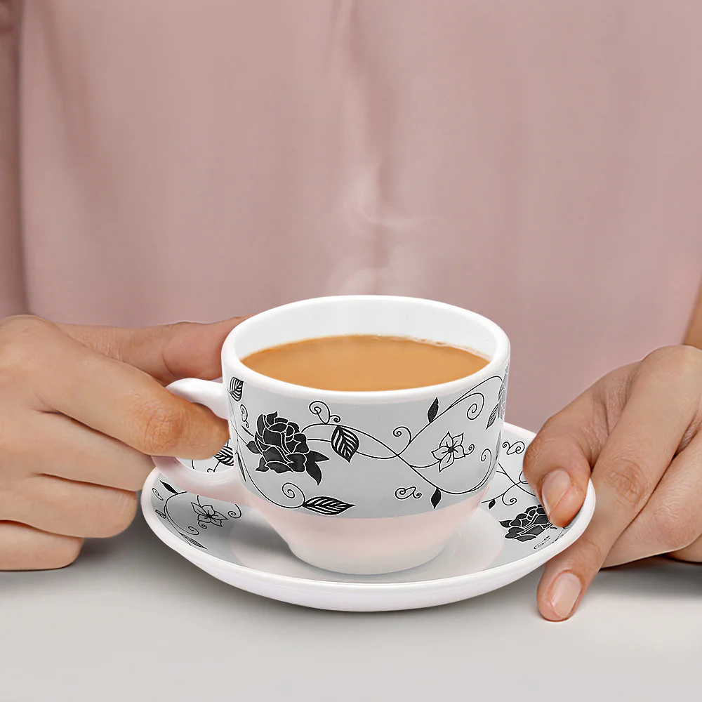 Larah by Borosil Rosa Black Cup n Saucer Set, 220ml x 12