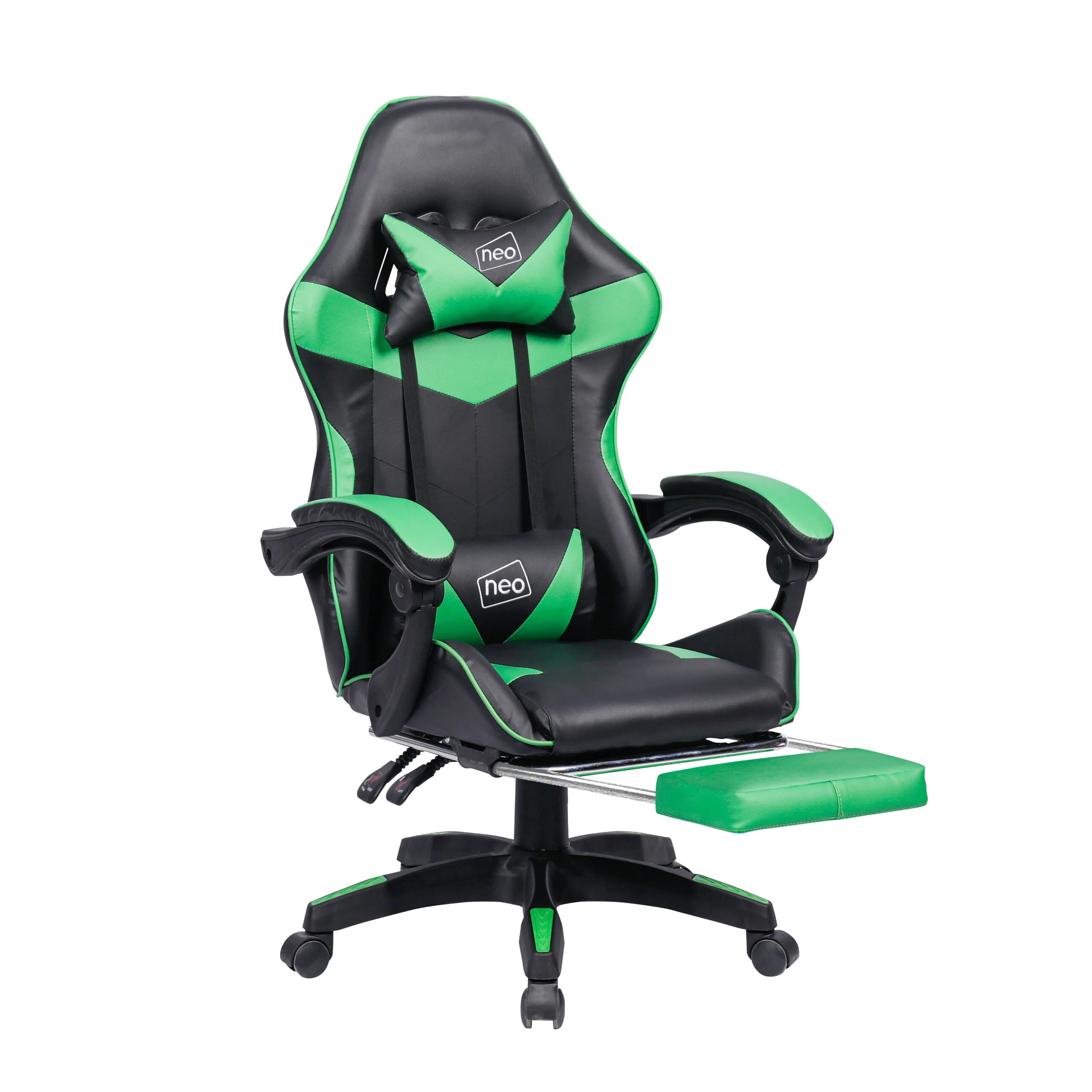 Neo Gaming Chair Green & Black Leather with Footrest