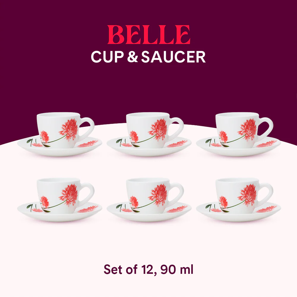 Larah by Borosil Belle Cup n Saucer Set, 90ml x 12