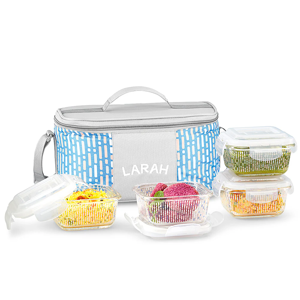 Larah Vogue Glass Lunchbox, Square x 4, 320ml x 4