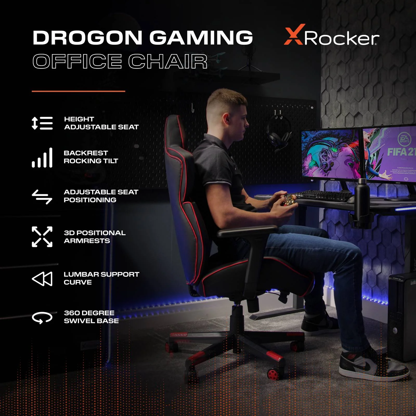 Drogon Ergonomic PC Office Gaming Chair - Black / Red